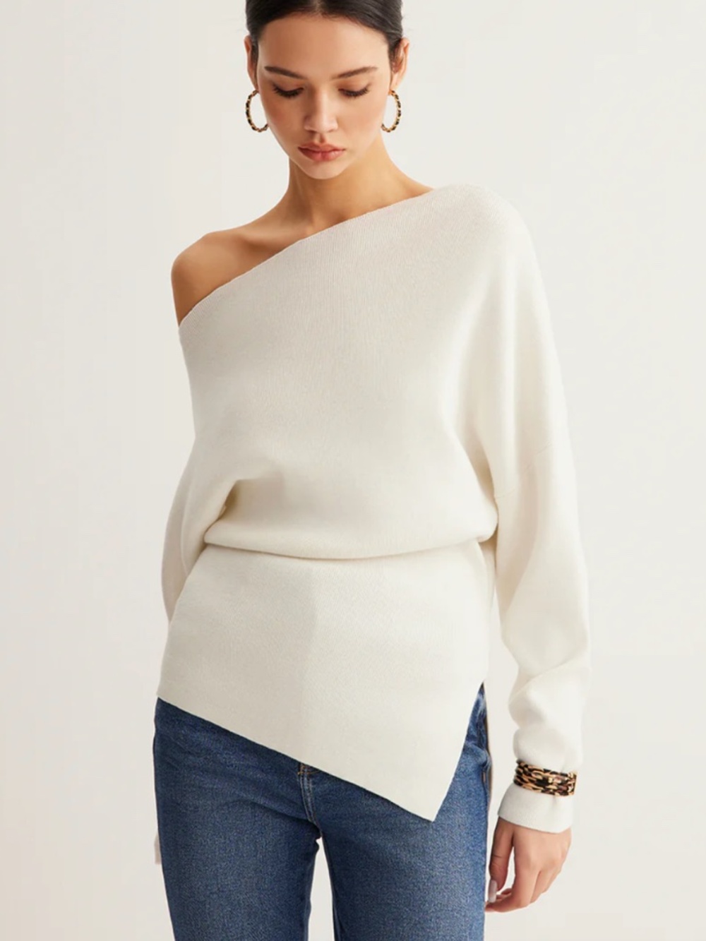 NWOT - Commense - Wool-Blend Asymmetrical Neck Knit Top - White - Size S
